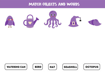 Match purple objects with written words. worksheet for kids.