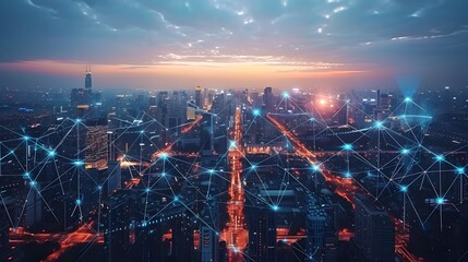 Fototapeta premium Futuristic Smart City Skyline with Interconnected Infrastructure and Sustainable Urban Living