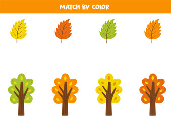 Color matching game for preschool kids. Match autumn trees and autumn leaves by colors.