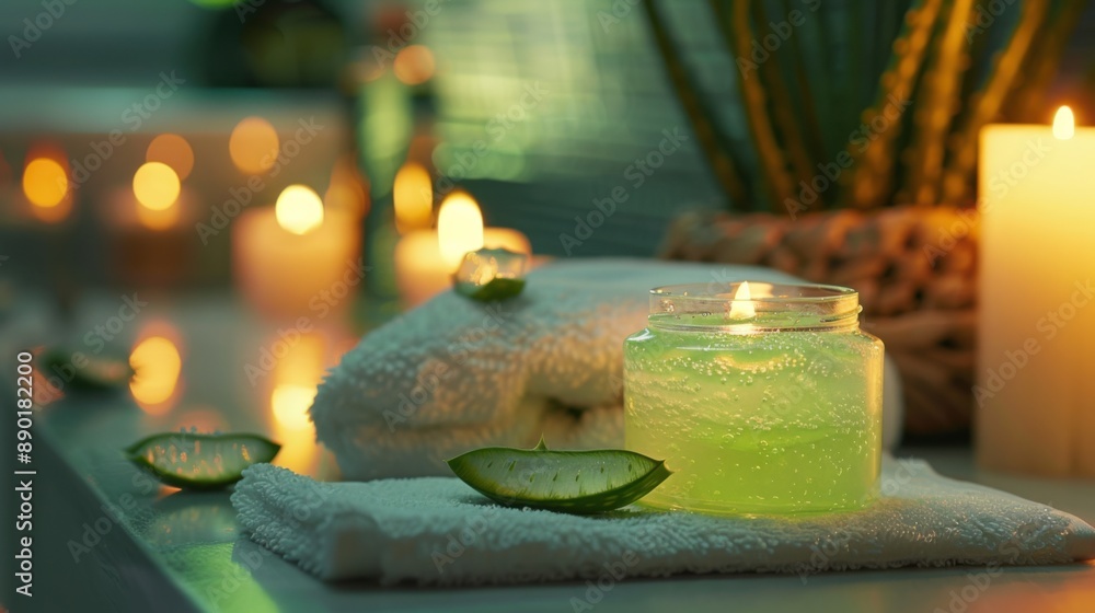 Wall mural aloe vera gel in a jar on a serene spa setting