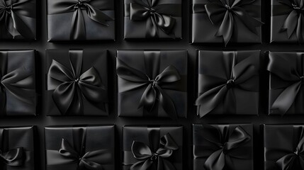A collection of black gift boxes with satin bows arranged neatly, creating a luxurious and elegant presentation