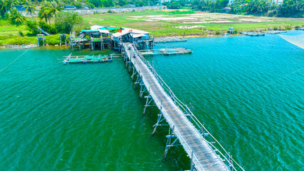Aerial view of Mr Tiger wooden bridge at Phu Yen, Vietnam. This is the longest wooden bridge in Vietnam