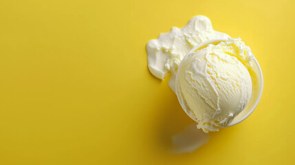 Flat lay of vanilla ice cream with a big package and ice cream scoops. Summer concept with space for text. Top view of the ice cream surface.