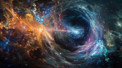 An imaginative portrayal of the Big Bang shows swirling matter and colors, depicting the universe's birth.