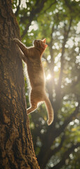Obraz premium cute cat jumping from a huge tree in a forrest 