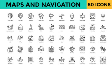 Maps and Navigation icon set with traffic light, stop sign, yield sign, speed limit, road sign, street name, address, postal code, zip code, landmark icon. Simple line vector 
