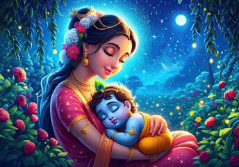 Little Krishna sleeping in the lap of Mother Yashoda, blue night, moon spring, peaceful forest blossom flower, peacock feather, Janmashtami abstract wallpaper