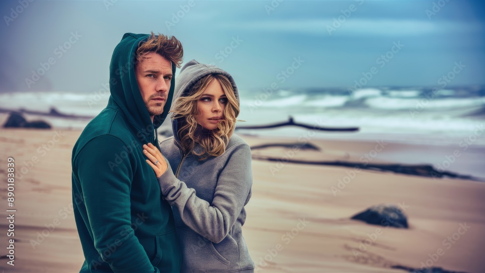 Poster A man and woman standing on a beach with the ocean in background, AI