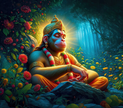 lord Hanuman in deep meditation chanting the name of lord Rama, blue sky, peaceful forest, full moon Hindu god abstract home decor