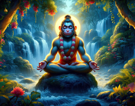 lord Hanuman in deep meditation chanting the name of lord Rama, blue sky, peaceful forest, full moon Hindu god abstract home decor