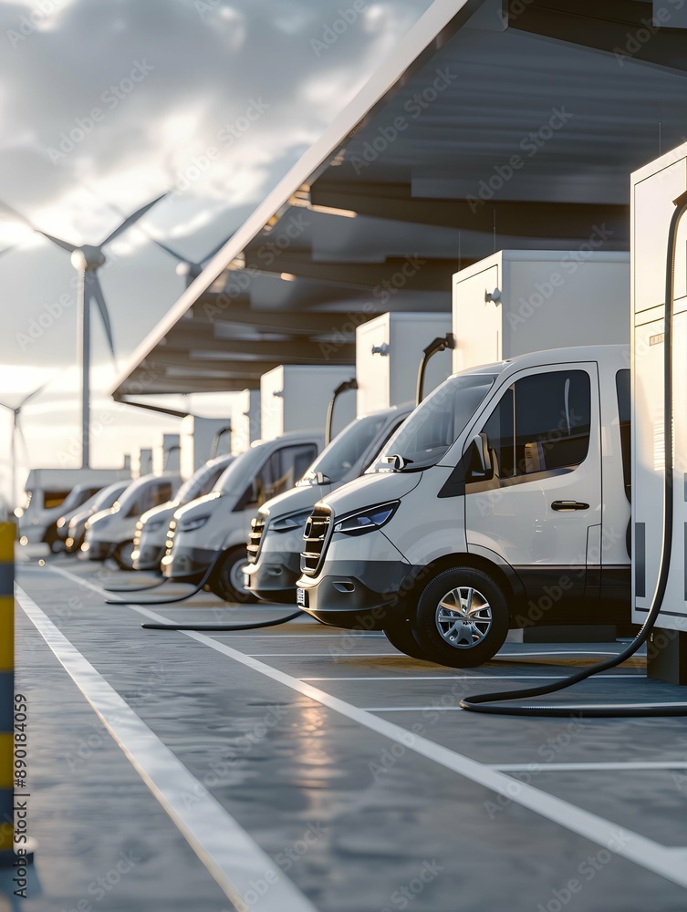 Wall mural a fleet of company electric cars charging at fast charger station located at a logistics center, car