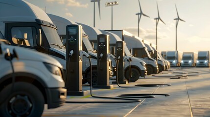 A fleet of company electric cars charging at fast charger station located at a logistics center, cargo transport and delivery, semi-trucks and vans powered by renewable solar, wind electricity energy