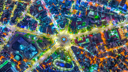 Aerial view of the coastal city of Nha Trang at night. This is a famous city for cultural tourism in central Vietnam