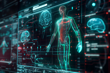 doctor looking at x ray image of human brain and body at virtual screen to show digitalization in medicine in hospitals