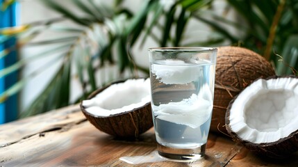A glass of fresh organic coconut water, milk on a wooden table and a ripe half of a coconut nearby. Refreshing vegetarian drinks