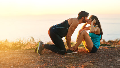 Sit ups, kiss and outdoor with couple, workout and energy with challenge, motivation and endurance....