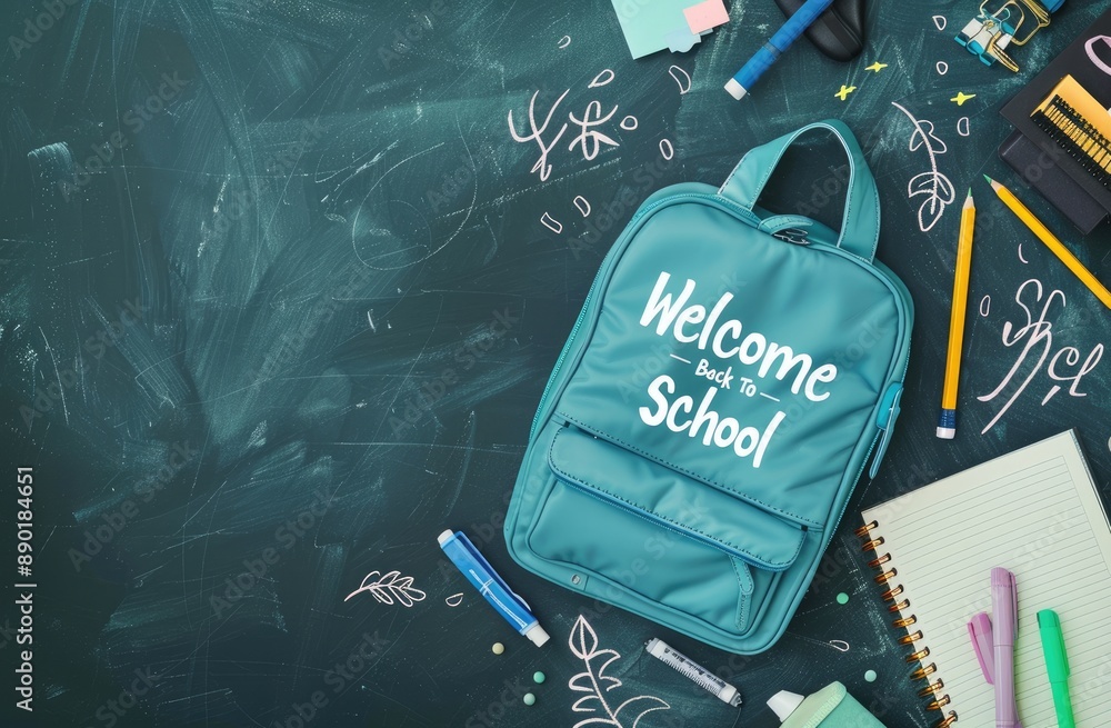 Fototapete back to school vector template design. welcome back to school text in chalkboard space with 3d educa
