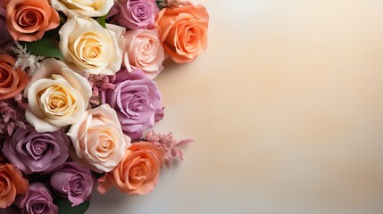 Obraz premium Bouquet of colorful roses on a white background with copy space.