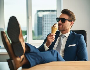 Businessman in sunglasses eating ice cream and resting legs on desk | vacation mode | business success | Corporate culture