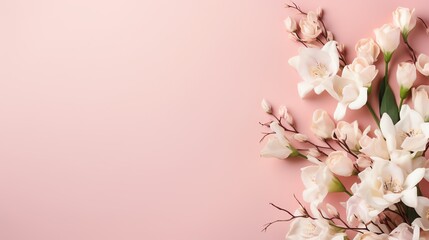 Obraz premium White flowers on a pink background with copy space