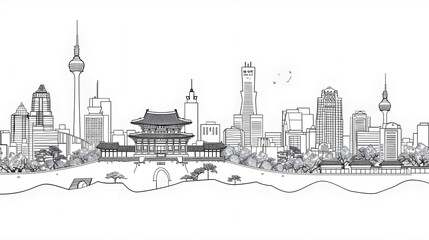 A line art vector illustration of the Seoul skyline