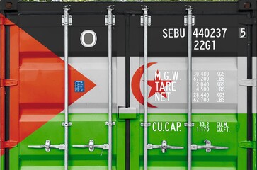 Western Sahara flag depicted on metal doors of shipping cargo container outdoors in docks area...