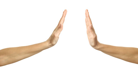 Stop gesture. Multiple images set of female caucasian hand with french manicure showing Stop gesture