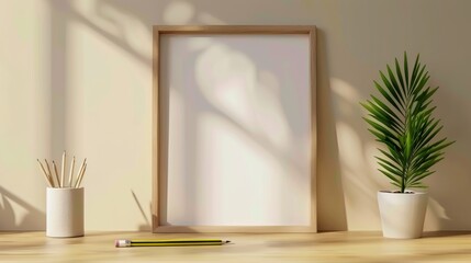 Minimalist workspace with a blank wooden frame, potted plant, pencil holder, and pencil. Sunlight casting shadows on beige wall. Home office or creative studio.