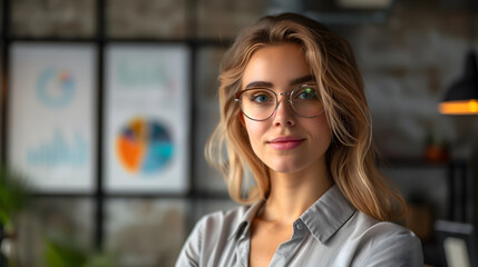 businesswoman holding a presentation in a clean, bright office, engaging and professional,
