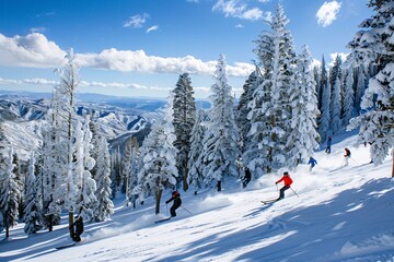 Fototapeta premium Skiers enjoying a sunny winter day on a snowy mountain slope.