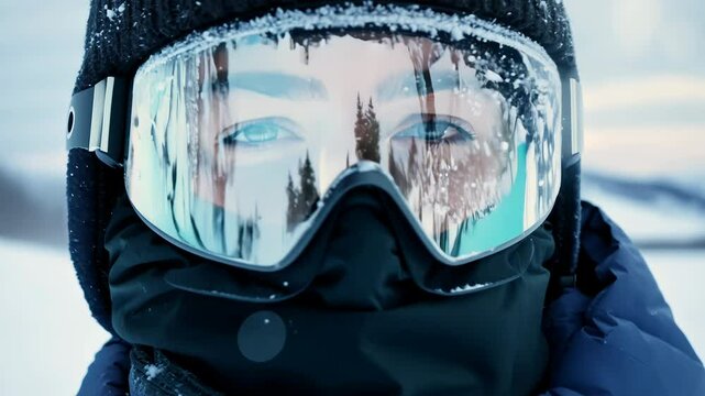 Skier with goggles reflecting winter mountain landscape at sunset