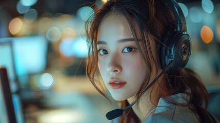 Fototapeta premium Asian Female Customer Service Representative Wearing Headphones at Night