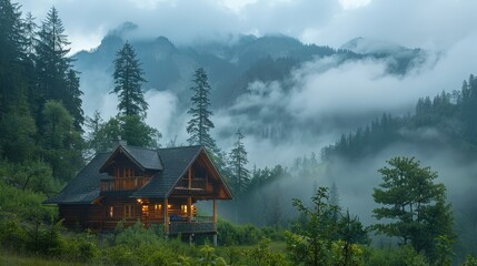 Cozy Wooden Cabin in Misty Mountain Forest with Pine Trees and Foggy Atmosphere
