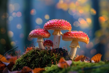 Three Red Toadstools in Mossy Fairy Tale Setting