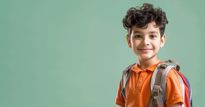 Portrait of happy latin schoolboy with backpack isolated on green background.