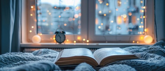 Cozy home interior with an open book and alarm clock on the bed, winter time concept with a blurred background and bokeh lights of the window in the style of the window