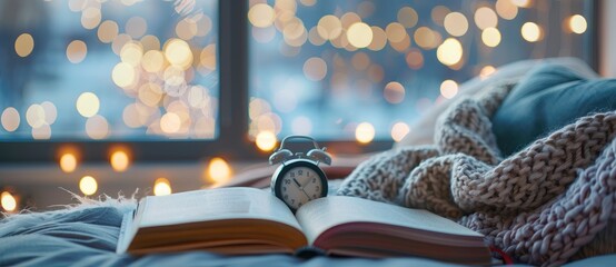 Cozy home interior with an open book and alarm clock on the bed, winter time concept with a blurred background and bokeh lights of the window in the style of the window