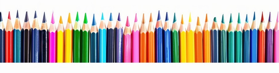 Fototapeta premium Colorful pencils arranged in a row on white background, Back to school concept.