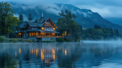 Naklejka premium Cozy Lakeside Cabin with Warm Lights Reflecting on Misty Water at Dusk in Mountainous Landscape