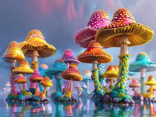 Toadstools 3D Illustration with Colorful Fungal Caps in Fantastical Fairy Tale Setting