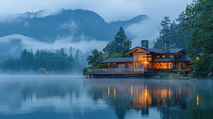 Fototapeta premium Cozy Lakeside Cabin with Warm Lights Reflecting on Misty Lake and Mountainous Background at Dusk