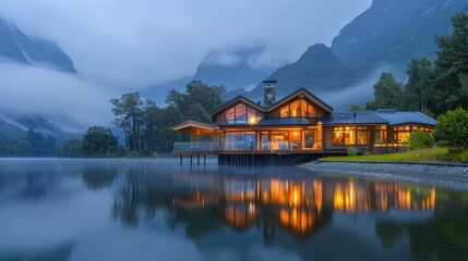 Naklejka premium Modern Lakeside House with Large Windows and Warm Lighting Reflecting on Calm Water at Dusk in a Mountainous Landscape