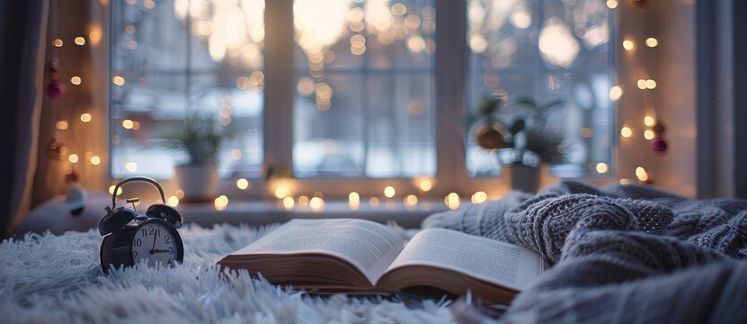 Cozy home interior with an open book and alarm clock on the bed, winter time concept with a blurred background and bokeh lights of the window in the style of the window