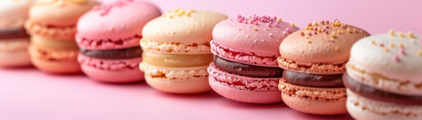 Colorful French Macarons in a Row on a Pink Background with Sprinkles