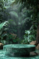 Luxurious Green Marble Table in a Lush Tropical Jungle Setting with Sunlight Filtering Through Foliage