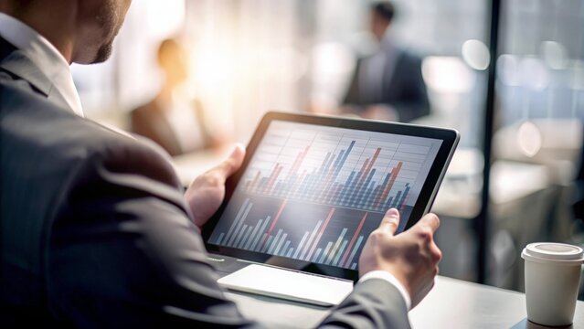 A person reviewing financial charts on a tablet, set against a blurred office backdrop.
