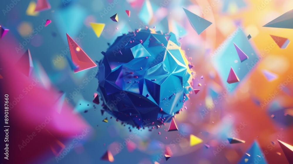 Poster a blue object with a lot of colorful triangles surrounding it