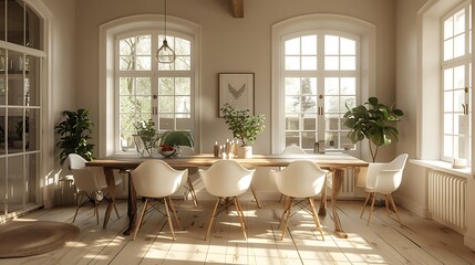 Elegant Scandinavian dining area with a wooden table and white chairs.