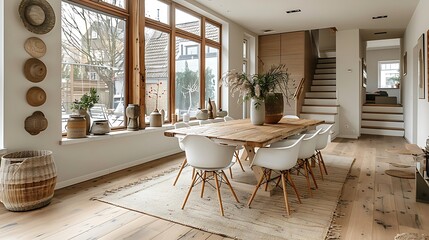 Elegant Scandinavian dining area with a wooden table and white chairs.