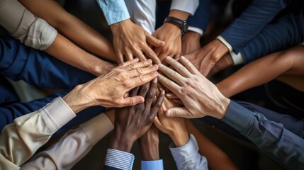 Diverse group of business professionals joining hands in unity and collaboration, symbolizing teamwork and partnership.
